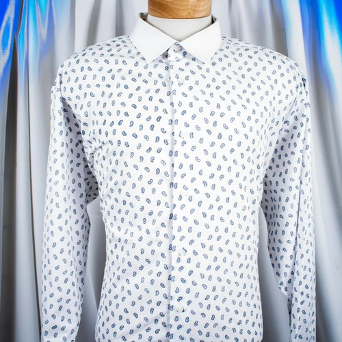 BEN SHERMAN White Navy Blue Paisley Cotton Men Dress Shirt XXL 2XL - Picture 5 of 9