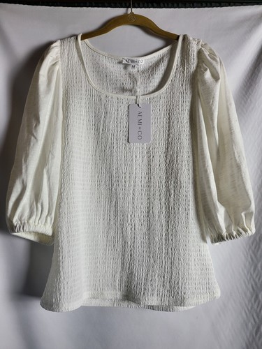 Aemi+Co White BlousonPuff Sleeve Top Size Medium Shirred Bodice New With Tags - Picture 1 of 8