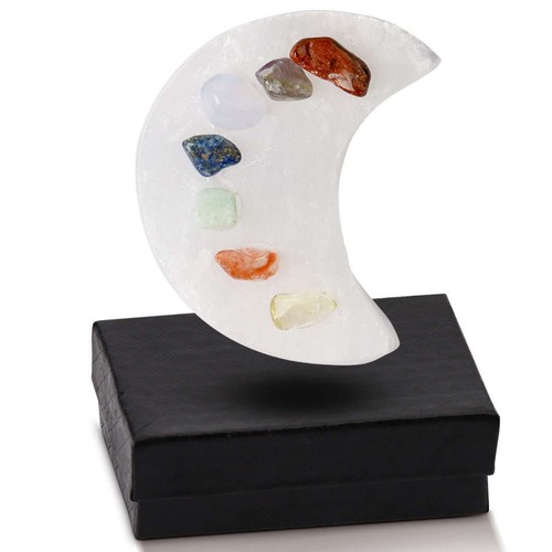 Selenite Crescent Moon Shape Charging Bowl With 7 Chakra Reiki Tumbled Stones - Picture 2 of 12