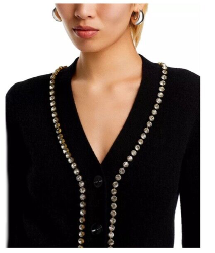 Luxurious 100% Cashmere V Neck Cardigan with Rhinestone Detail By Aqua Black XS - Picture 5 of 7