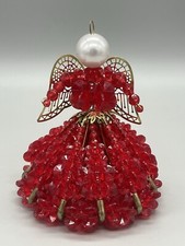 Vintage Hand Made Safety Pin Angel Craft Ruby Red Beaded Ornament Christmas