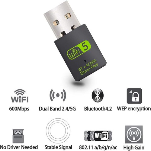 600Mbps USB WiFi Bluetooth Adapter Wireless Driver Free WiFi Dual Band 2.4/5GHz - Photo 2/6