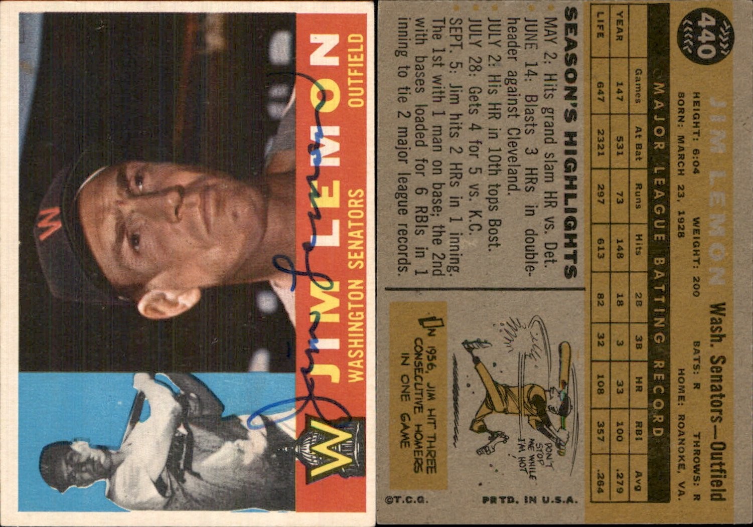 #440 Jim Lemon Signed 1960 Topps Card SET BREAK Auto AU *Autograph Den*