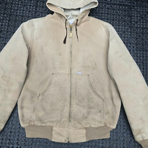 Vintage Carhartt Jacket Tan Hooded Zip Canvas THRASHED Distressed Size Medium - Picture 4 of 13