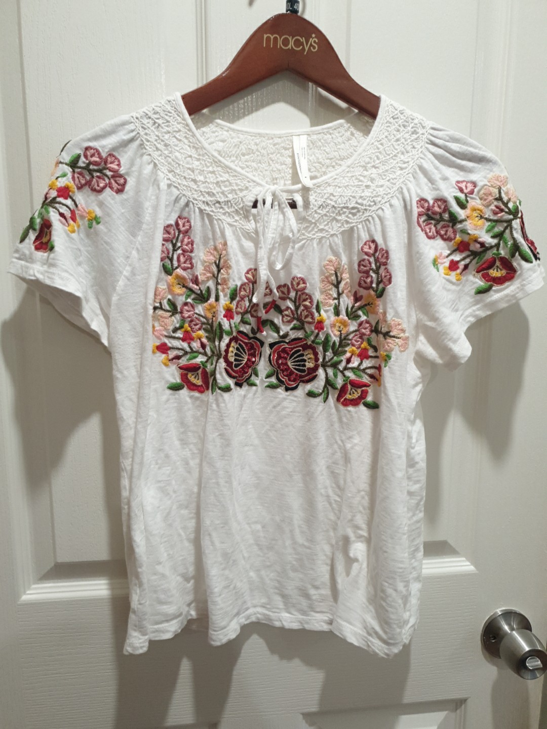 By Anthropologie Floral Embroidered Tie Neck Top Boho Sz M