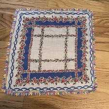 Vintage Floral Blue/Red Hankie Handkerchief with Crochet edge