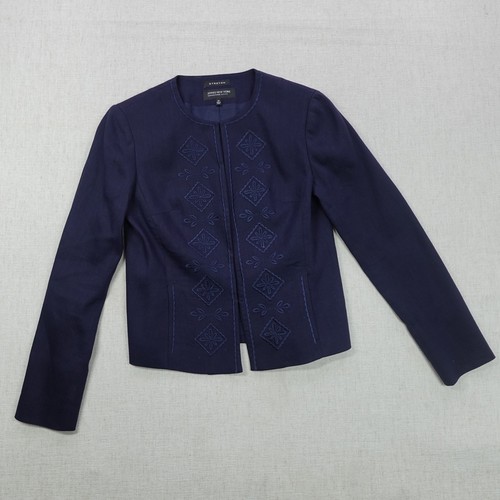 Jones New York Jacket Womens 2P Navy Blue Embroidered Linen Blend Stretch Petite - Picture 1 of 13