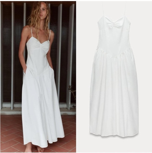 Zara White Cotton Maxi Gabardine Dress V Neck Flounced hem Size XS NWT 7200/230 - Picture 2 of 18