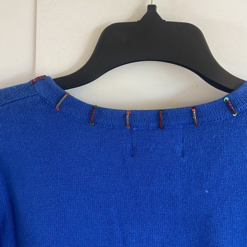 Y2K Quacker Factory Large Blue Cat Christmas Tree V-Neck Ramie Sweater Fish - Picture 7 of 8