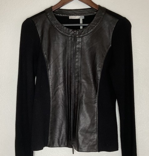 classiques entier Black Leather & Merino Wool Ribbed Zip Cardigan Sweater Sz MP - Picture 7 of 15