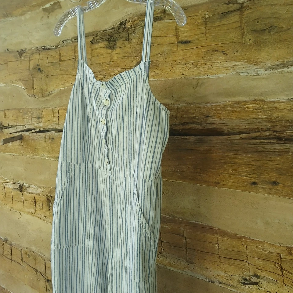 Mono para mujer Old Navy sin mangas pierna ancha mezcla de lino blanco azul a rayas Foto 4 de 4