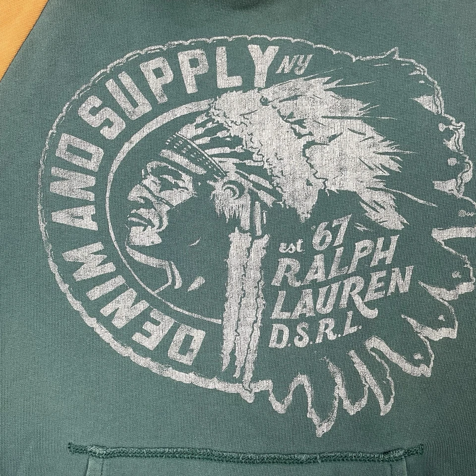 Denim & Supply Ralph Lauren Hoodie Men’s Medium Olive & Gold Pullover Sweatshirt - Image 3 of 4