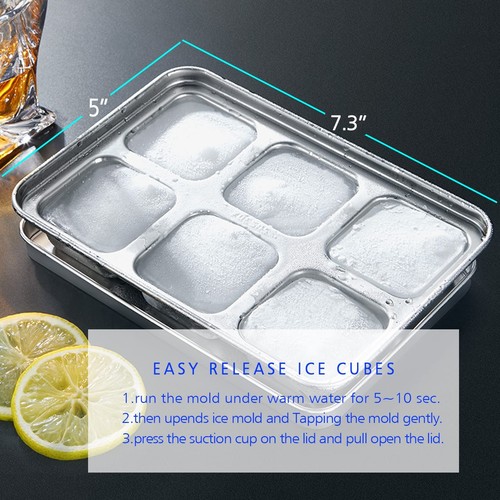 Ice Cube Trays, Stainless Steel Lid Ice Cube tray with Suction Cup Super Easy... - Picture 4 of 6