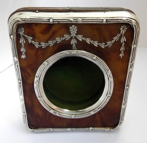 FINE ANTIQUE 1909 STERLING SILVER & FAUX TORTOISESHELL POCKET WATCH NIGHT STAND