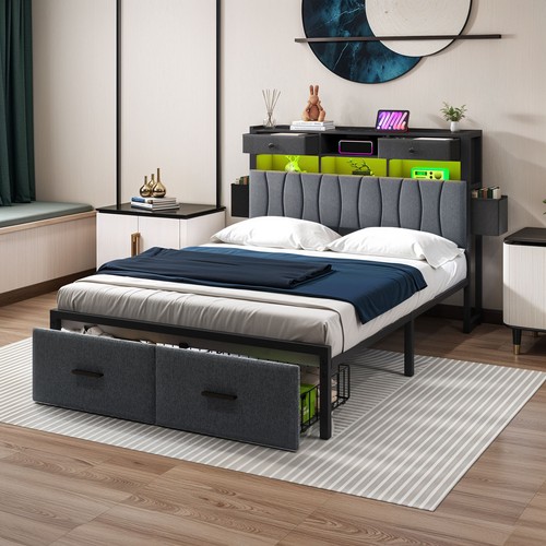 Full/Queen/King Linen Upholstered with Headboard Bed Frame w/2 Storage Drawers - Picture 3 of 21
