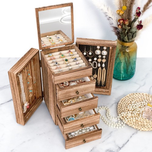 Jewelry Box Wood for Women, 5-Layer Large Organizer Box with Mirror & 4 Drawe... - Picture 2 of 7