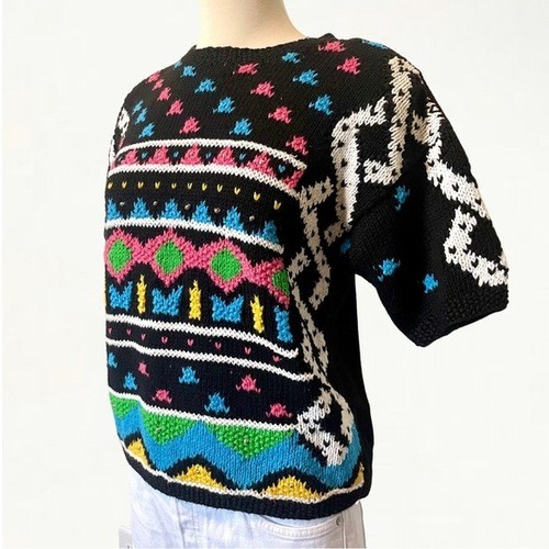 Vintage 80s 90s Colorful Geometric Knitted by Hand Linen Blend Studded Sweater - Photo 5/11