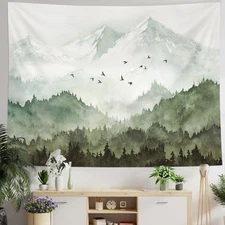 Mountain Forest Tapestry, Misty Foggy Sage Green Tree Landscape Watercolor Ar...