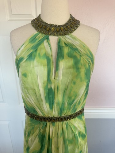 Pamella Roland Embellished Halter Silk Gown Maxi Dress Multi Green Size 6 - Picture 7 of 20