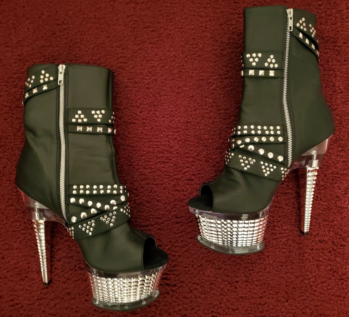Pleaser Black Silver Rock Stripper Platform Ankle Boots Size 10 Brand New