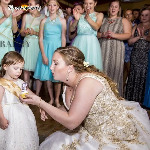 Princess Wedding Dress White and Gold A-line Long Lace Decal Bridal Dress - Picture 4 of 11