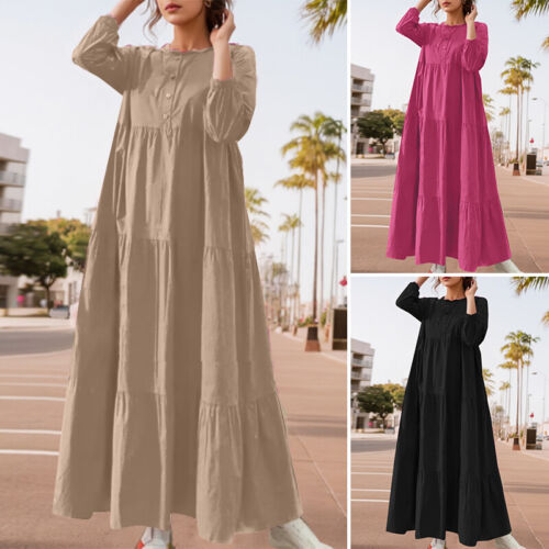 Womens O-Neck Long Sleeve Casual Loose Kaftan Layered Long Shirt Dress