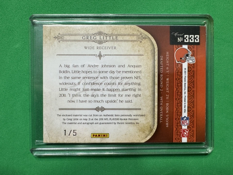 2011 Playoff National Treasures 1/5 Greg Little #333 RPA Rookie Patch Auto RC - Image 2 of 2