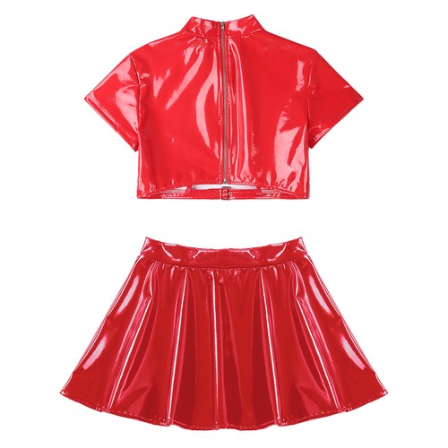 UK Women PVC Leather Outfits 2 Piece Cut Out Crop Top with Flared Mini Skirts - Picture 14 of 36