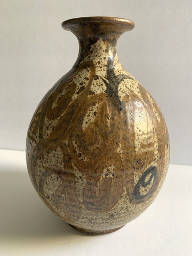 Vintage Mid Century Stoneware Pottery Weed Pot Vase Speckled Glaze Signed 10" - Picture 3 of 10