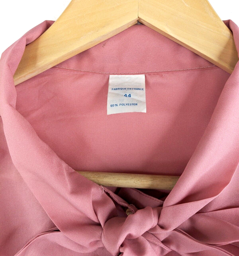 Vintage 80s Women Dusty Pink Button Up Pussy Bow blouse Size 8 10 made in France - Picture 3 of 6