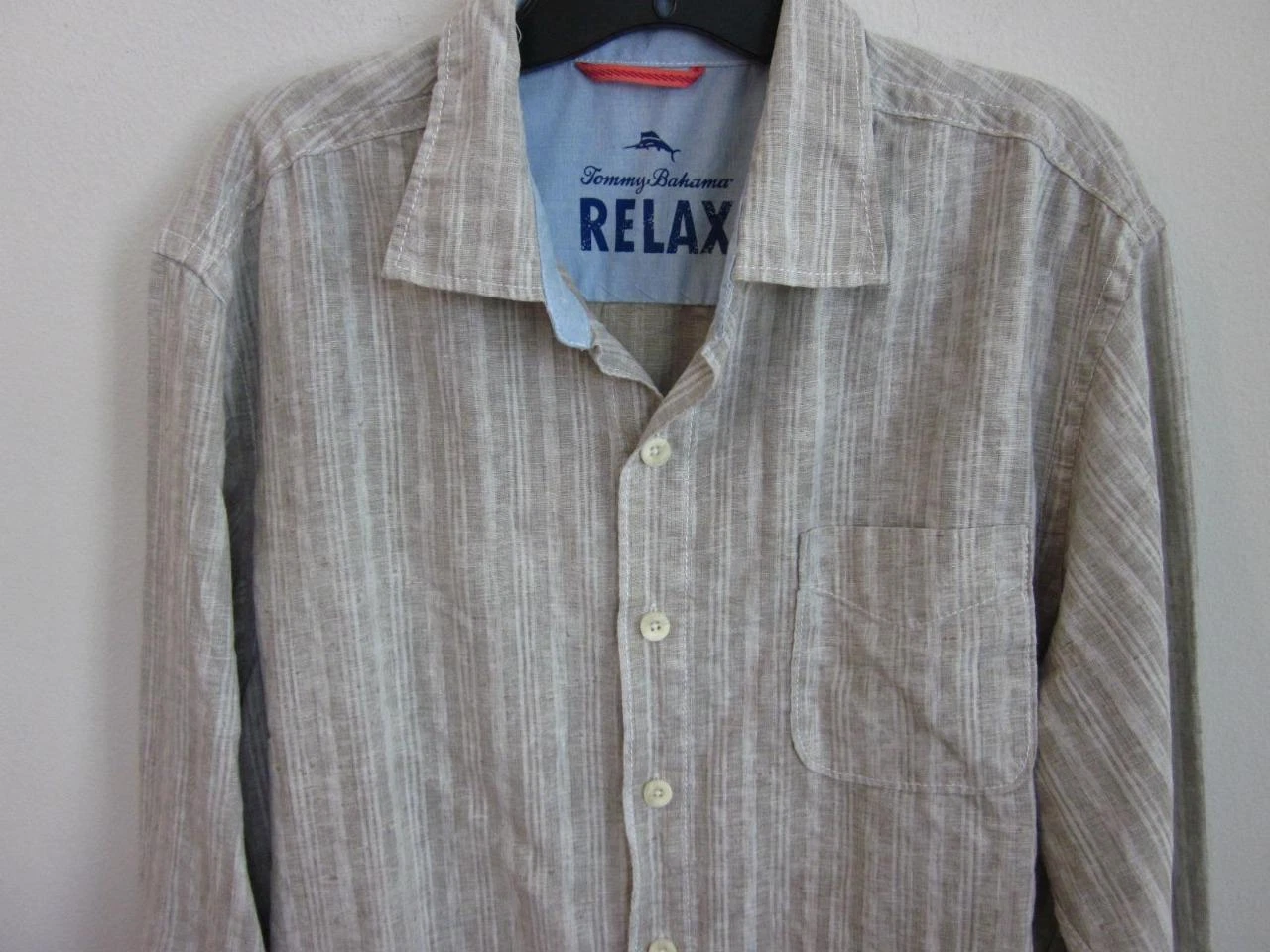 TOMMY BAHAMA SZ L LINEN BEIGE/IVORY STRIPE WEAVE LONG SLEEVE DRESS SHIRT