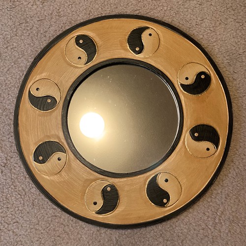 Vintage Wooden Yin Yang Mirror – 15.5" Frame, 8" Mirror Diameter – Hand-painted - Picture 2 of 7