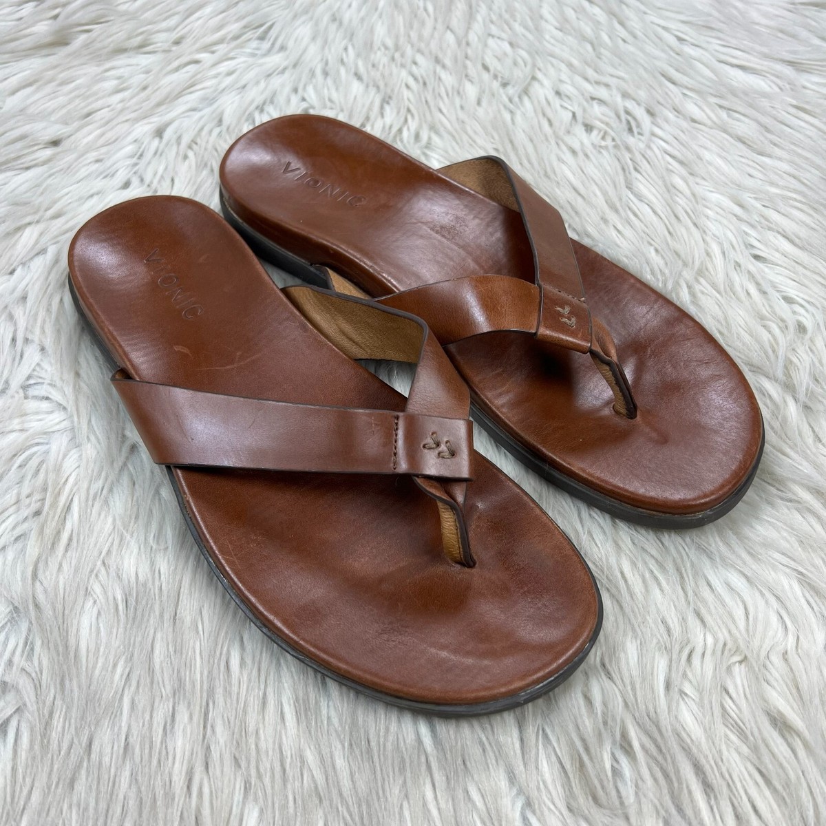 Vionic Men's 13 Brown Leather Elijah Supportive Flip Flop Sandals