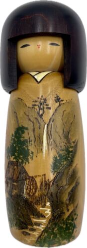 Woody Craft Japan Wooden Painted Kokeshi Doll 7.5" Waterfall Mill Scene Vintage