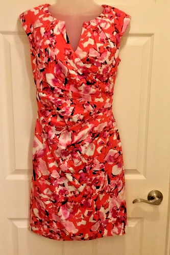 Adrianna Papell Pink Floral Drape Front Dress Petite Watercolor Elegance Sz 2 - Picture 2 of 12