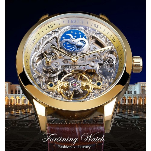 Forsining Men Tourbillon Moon Phase Watches Luxury Carved Skeleton Wristwatch - Picture 3 of 9
