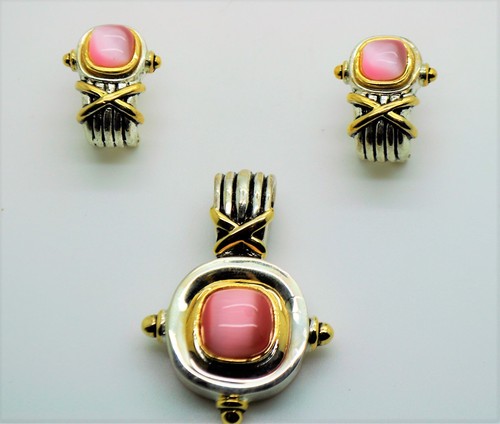 AT654 Exquisites Design zweifarbig rosa Katzenauge Farbe Anhänger & Ohrringe Set - Bild 2 von 3