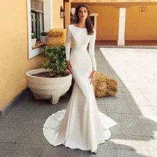 Elegant Mermaid Round Neck Wedding Dress Satin Long Sleeve Bridal Gown Train