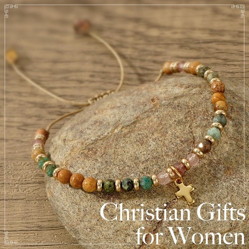 African Turquoise & Picture Jasper Beaded Cross Charm Reiki Dainty Bracelet - Imagen 3 de 6