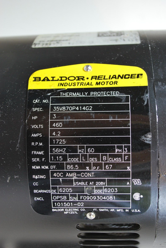 Lennox 101501-2 Motor, Baldor 3hp, 460V, 1725rpm, PN:35V870P414G2 - Picture 3 of 5