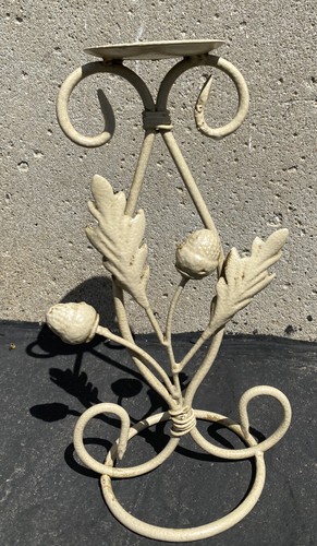 Metal Candle Holder Acorn Leaf Motif Beige Art Nouveau Candle Holder Stand 11" - Picture 4 of 12
