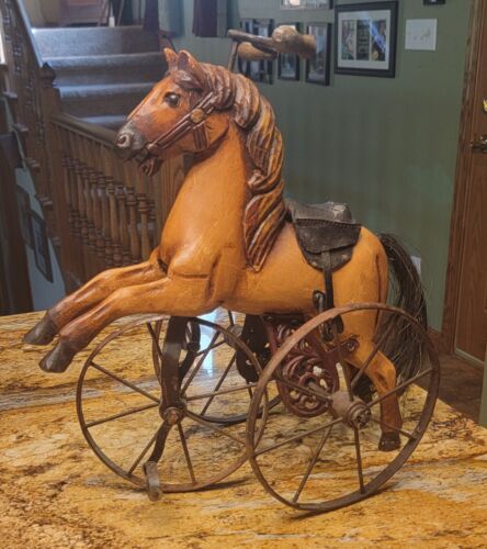 Velocipede Horse Hand Carved Wood Painted Cast Iron Tricycle Toy Folk Art 15.5" - Picture 2 of 10