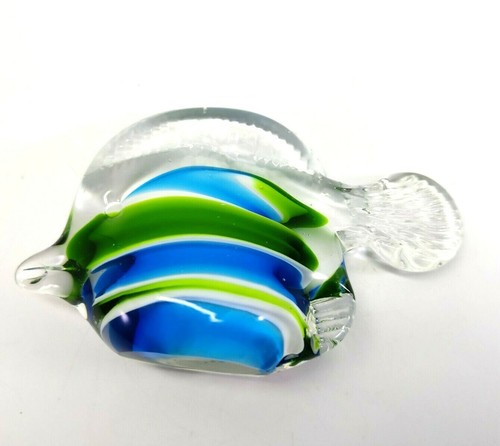 Glass Angel Fish Paperweight Brilliant Blue With Green Stripes - Picture 11 of 12
