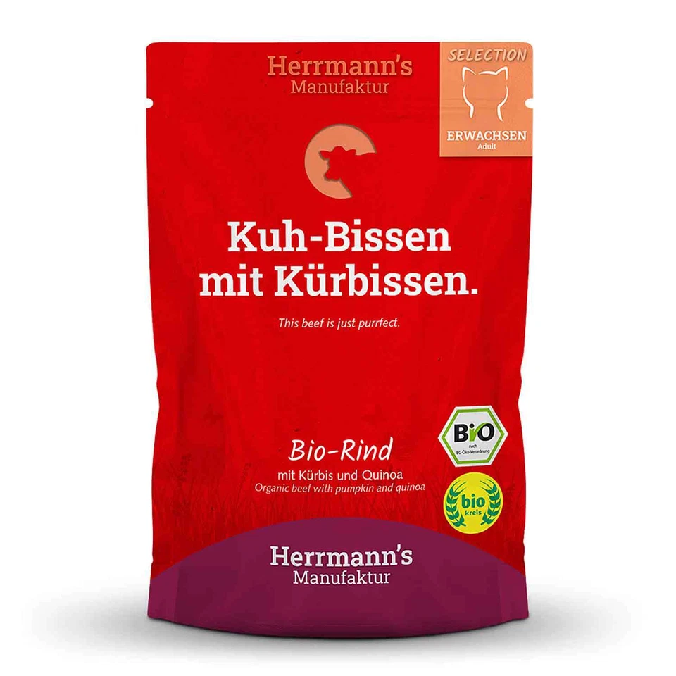 48 x Herrmanns Katzenfutter Bio Rind mit Kürbis und Quinoa Tiernahrung 100Gr - Bild 2 von 2