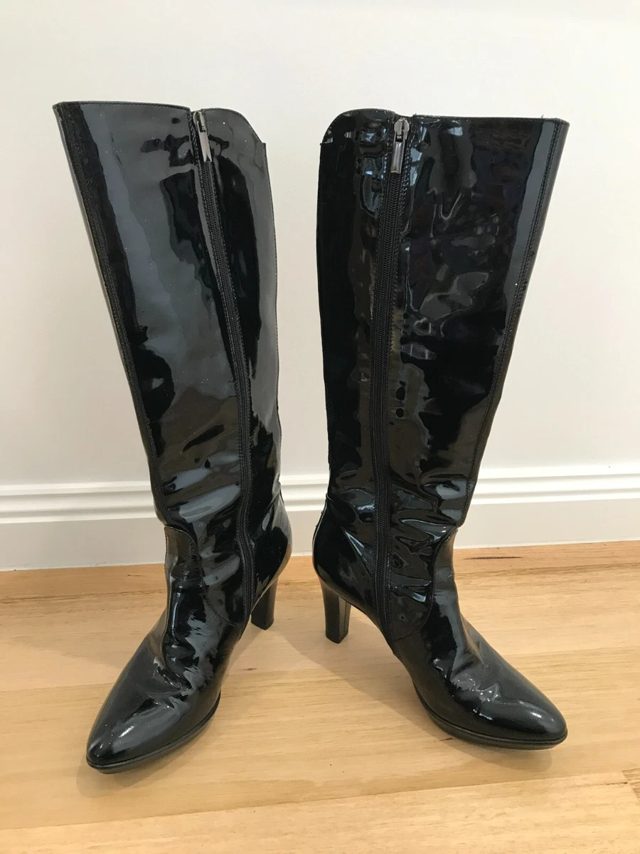Aquatalia Vera Gomma black patent leather shiny high heel boots