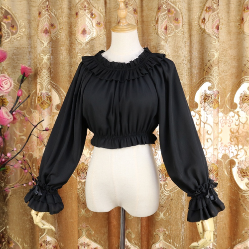 Lolita Mädchen Damen Crop Tops Shirts Bluse Chiffon Flare Puff Ärmel Rüschen Süß - Picture 10 of 18