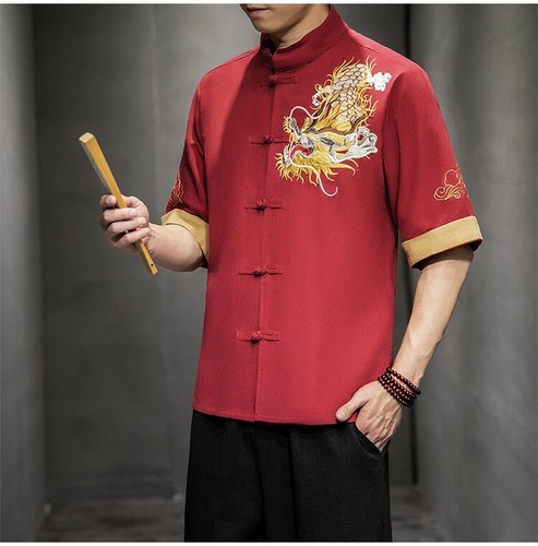 Camicia uomo stile tradizionale cinese nuova con ricamo drago in Cina rossa - Foto 2 di 5