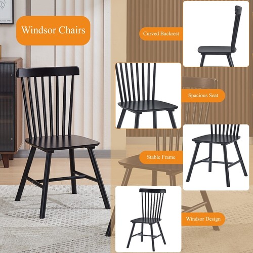 4pcs Black Color Solid Wood Farmhouse Windsor Dining Chairs Spindle Backrest - Picture 3 of 6