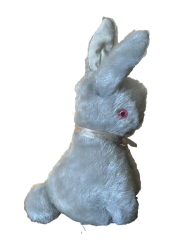 Pequeño Peluche Antiguo Azul Gris Conejo Con Ojos Rosados Hecho en Japón - Imagen 3 de 5