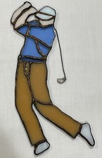 Vtg Handmade Leaded Stained Glass Golfer Sun Catcher Multicolored Window Art